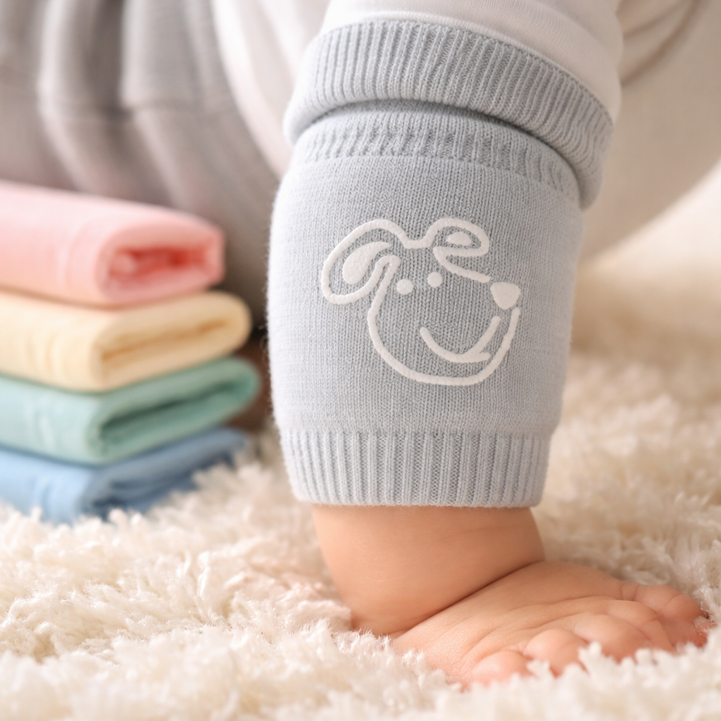 Baby's leg wearing a light blue knee pad with a design, standing on a fluffy white surface next to folded baby blankets.